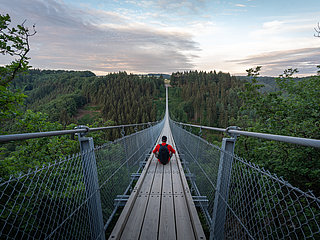 Das Bild zeigt eine Person die mittig auf der Hängeseilbrücke Geierlay sitzt. Rund um die Brücke befindet sich tiefgrünes Waldgebiet.